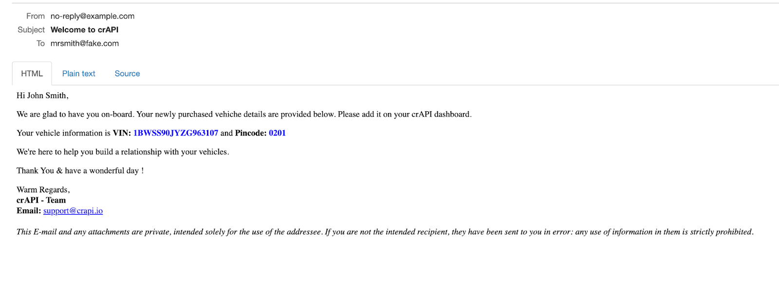 Screenshot of email content in mailhog
